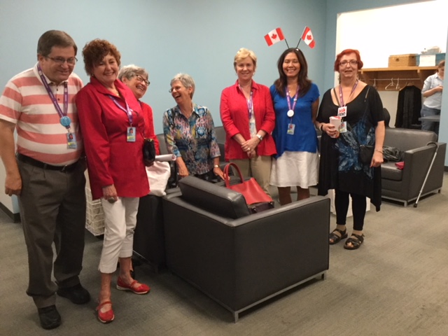 Our beloved Pat on the end (right), celebrating with volunteer colleagues in the lounge 